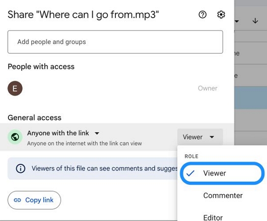 set link permission to Viewer | Add Music to Google Slides from YouTube