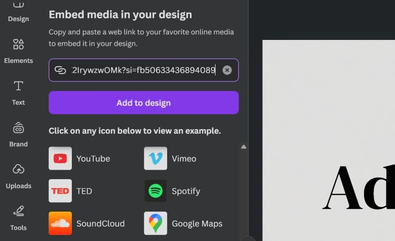 click Add to design | Add Music to Canva from Spotify