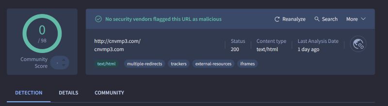upload URL to VirusTotal | CnvMP3 Review