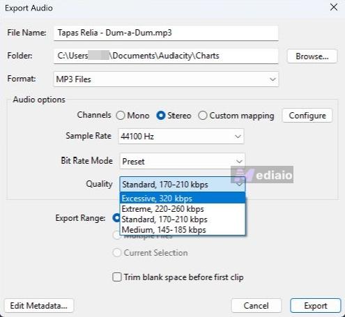 click Export | Convert AAC to MP3