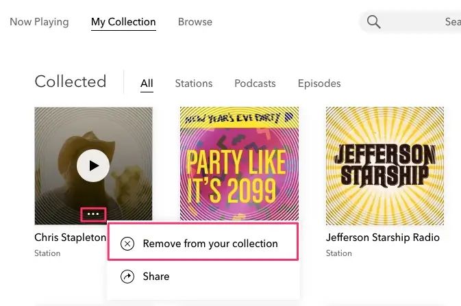 choose Remove from your collection | Delete Stations on Pandora