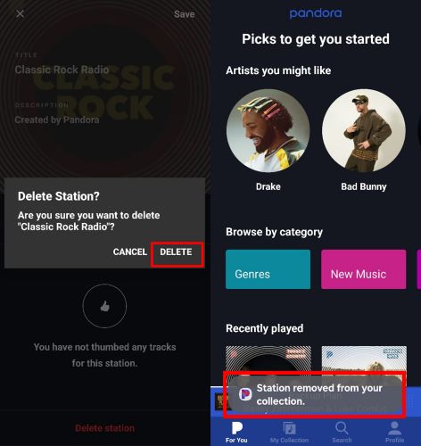 tap Delete | Delete Stations on Pandora