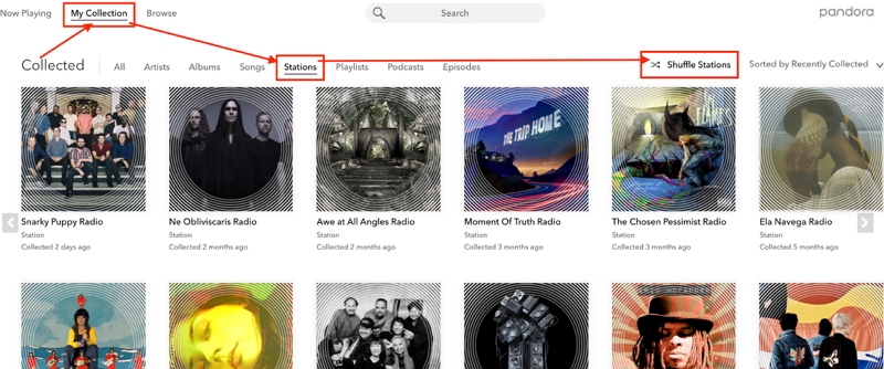 click Shuffle Stations | Delete Stations on Pandora