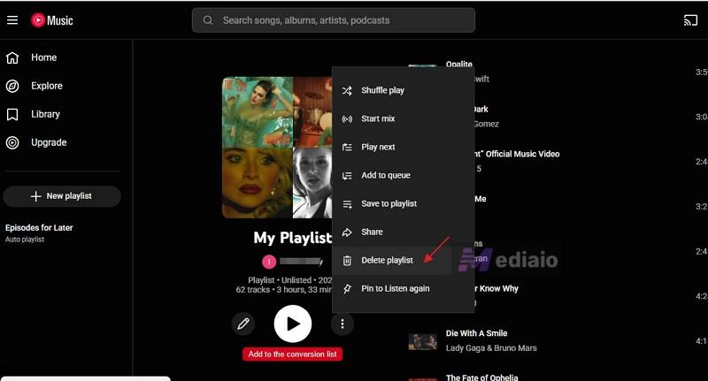click Delete playlist | Create a Playlist on YouTube Music