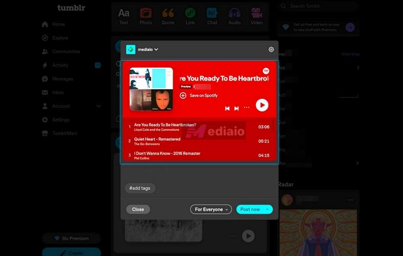 click Post now | Add Spotify Music to Tumblr