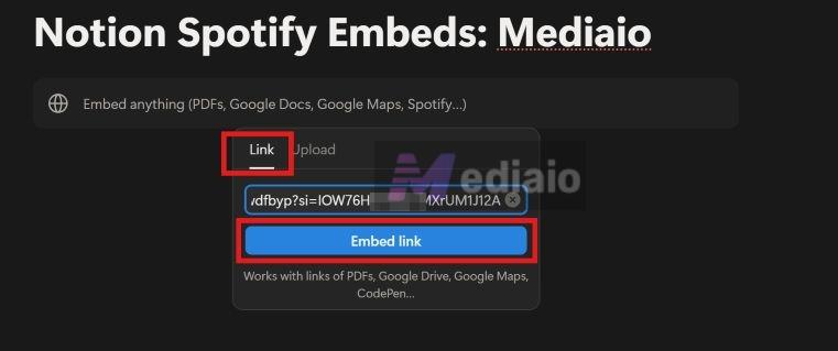 hit Embed link | Embed Spotify in Notion