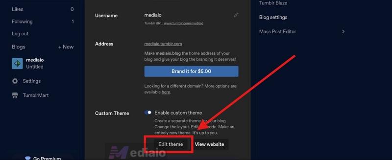 click Edit theme | Add Spotify Music to Tumblr