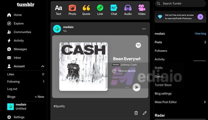 click Spotify card | Add Spotify Music to Tumblr