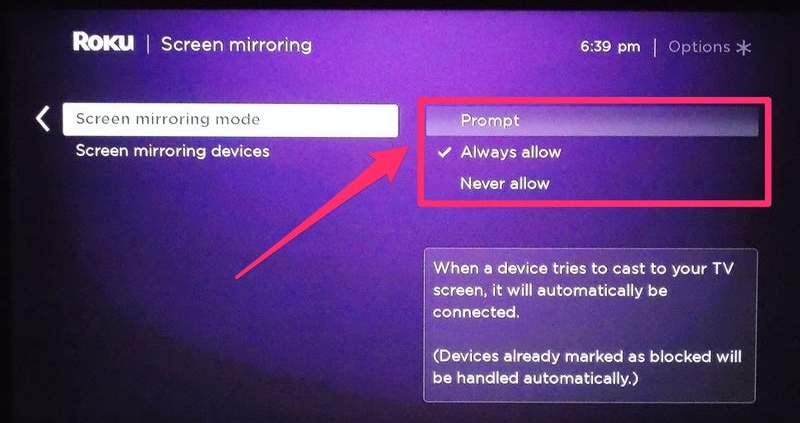 set Screen Mirroring as Prompt | YouTube Music on Roku