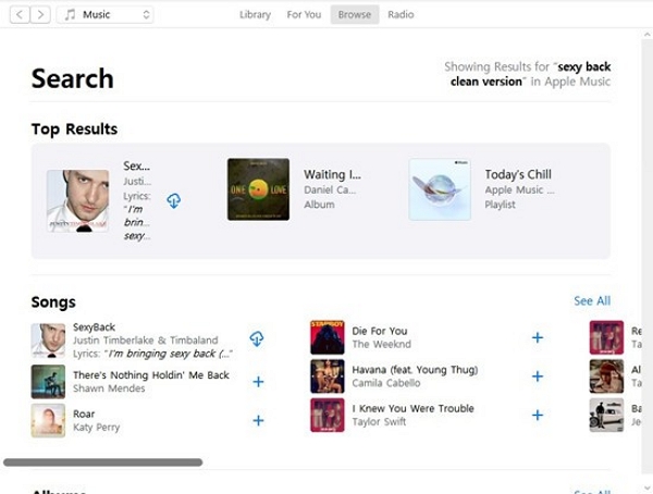 filter results by Songs | find the clean version apple music