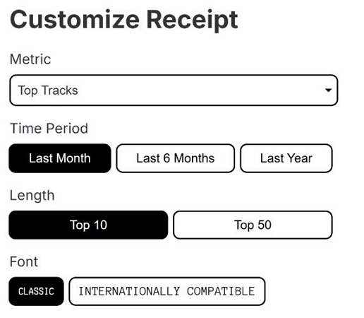 customization settings | Spotify Receipt