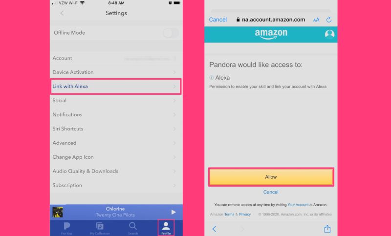 confirm with Allow | Play Pandora on Alexa