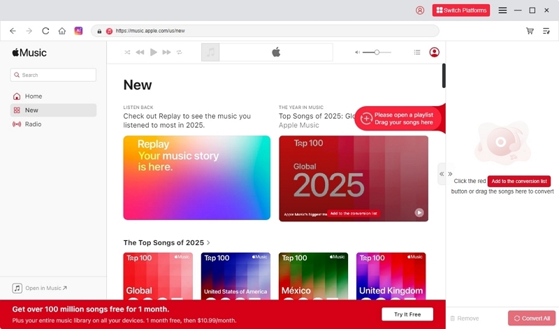 Mediaio Apple Music home screen with songs selection
