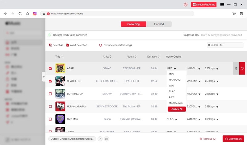Mediaio conversion settings screen