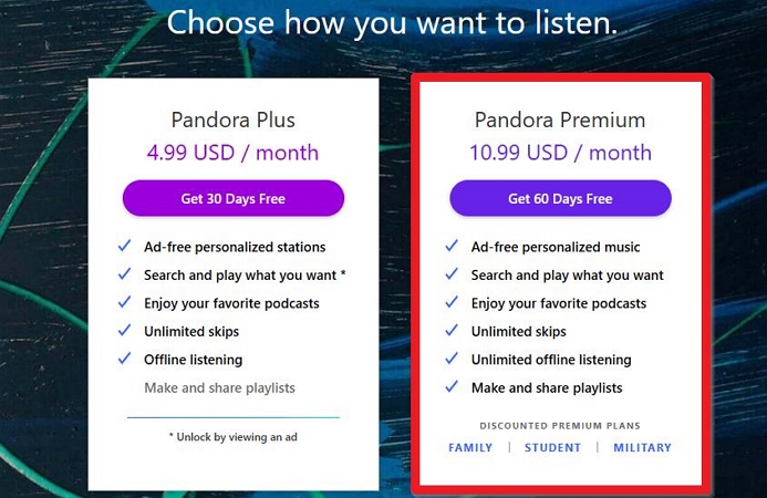 Pandora Premium Individual Plan | Get Pandora Premium for Free