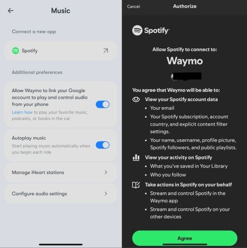 choose Agree | Play Spotify on Waymo