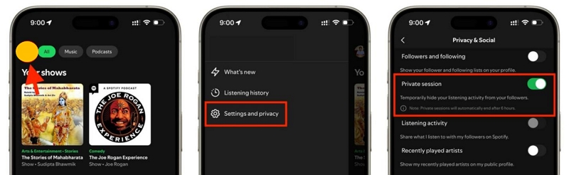turn on Private Session | Remove Songs from Spotify Playlists