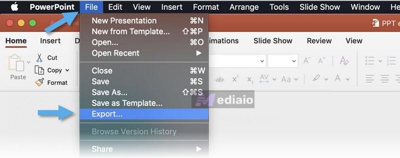 click Export | Record Audio on PowerPoint Computer