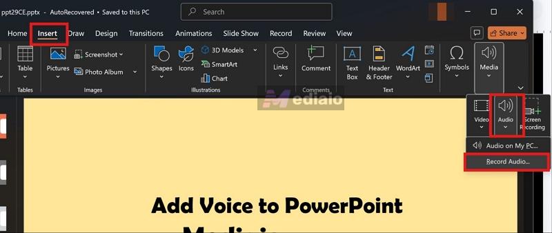 open Insert | Record Audio on PowerPoint Computer