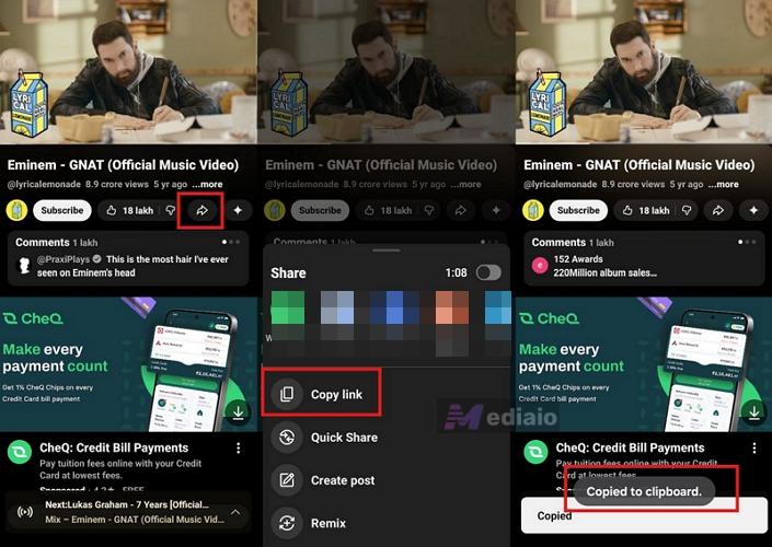 tap Copy link | Rip Music from YouTube