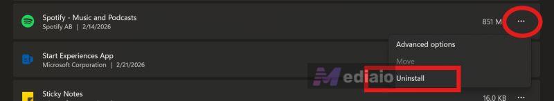 select Uninstall | Spotify Search Not Working