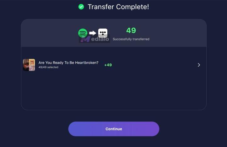 Transfer Complete prompt | Transfer Spotify Playlists to TIDAL