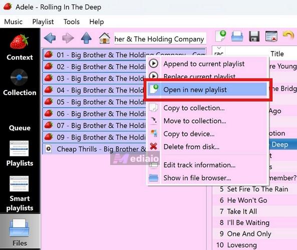 choose Open in a new playlist | Strawberry Music Player
