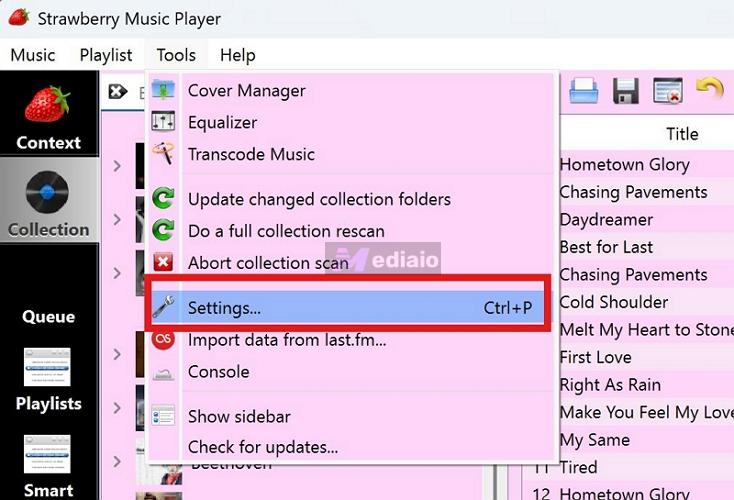 open Settings | Strawberry Music Player