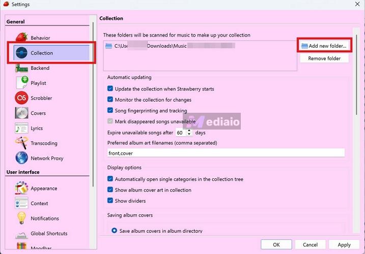 click Add new folder | Strawberry Music Player