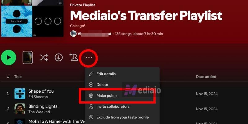 choose Make public | Transfer Spotify Playlist to Another Spotify Account