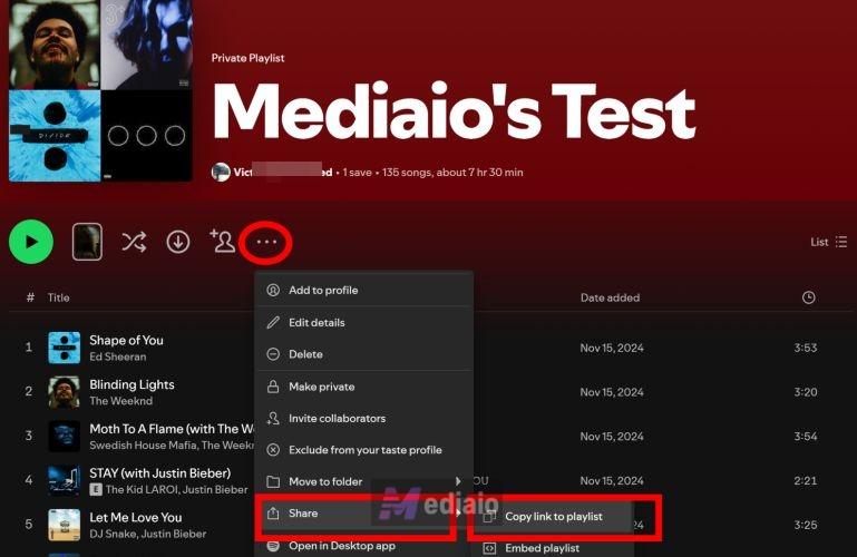 choose Share | Transfer Spotify Playlist to Another Spotify Account