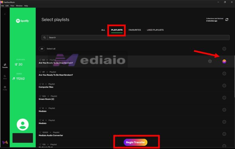 click Begin transfer | Transfer Spotify Playlist to Another Spotify Account