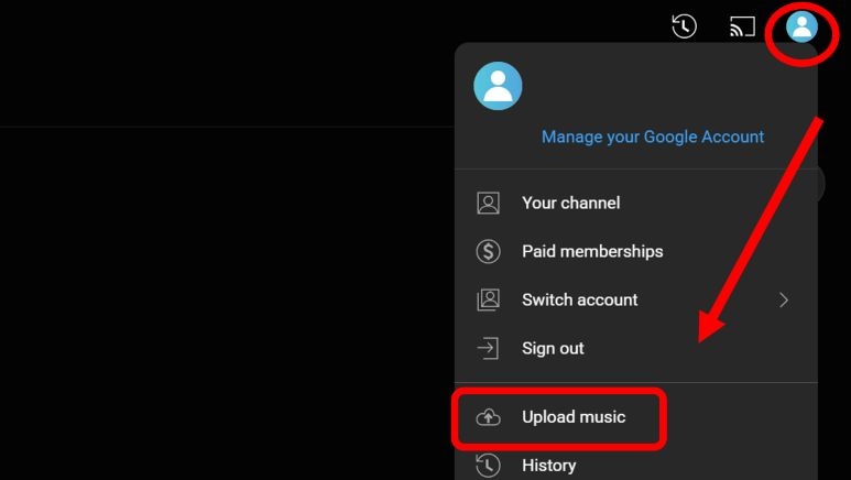 choose Upload music | Transfer Spotify Playlists to YouTube Music