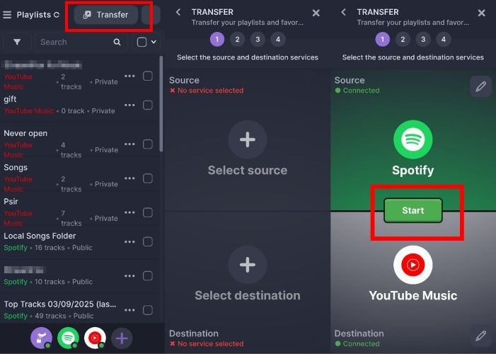 tap Start | Transfer Spotify Playlists to YouTube Music