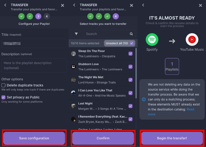 tap Begin Transfer | Transfer Spotify Playlists to YouTube Music