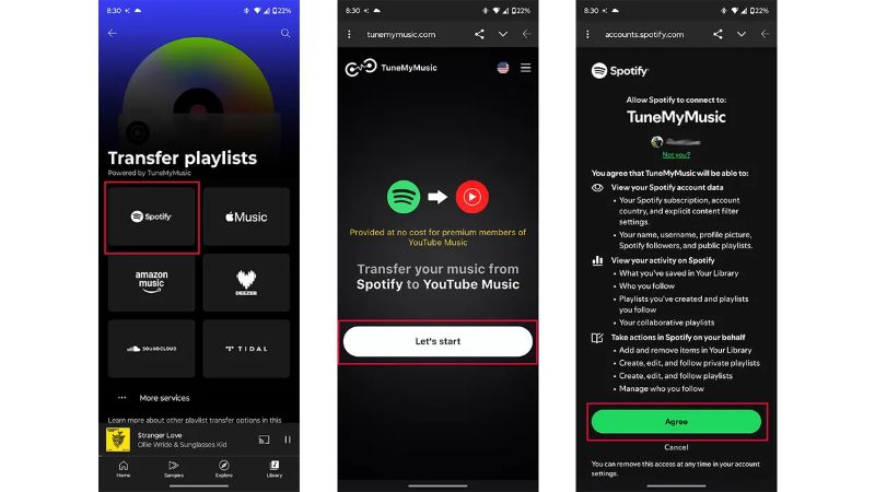 select Let’s Start | Transfer Spotify Playlists to YouTube Music