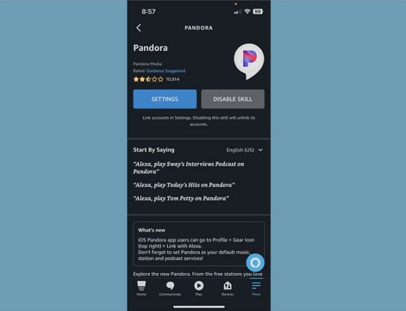 tap Disable Skill | Play Pandora on Alexa