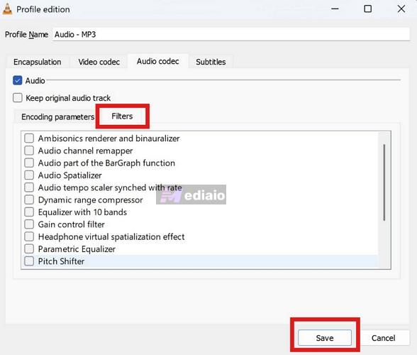 press Save | VLC Media Player Convert to MP3