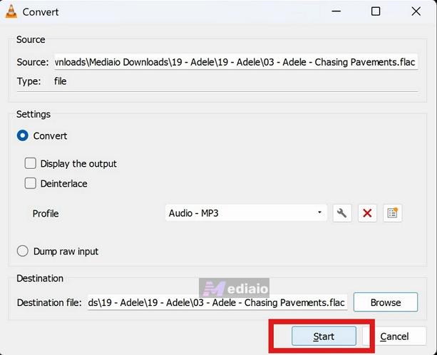 hit Start | VLC Media Player Convert to MP3