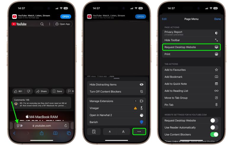 select Request Desktop Website | Play YouTube Music in the Background